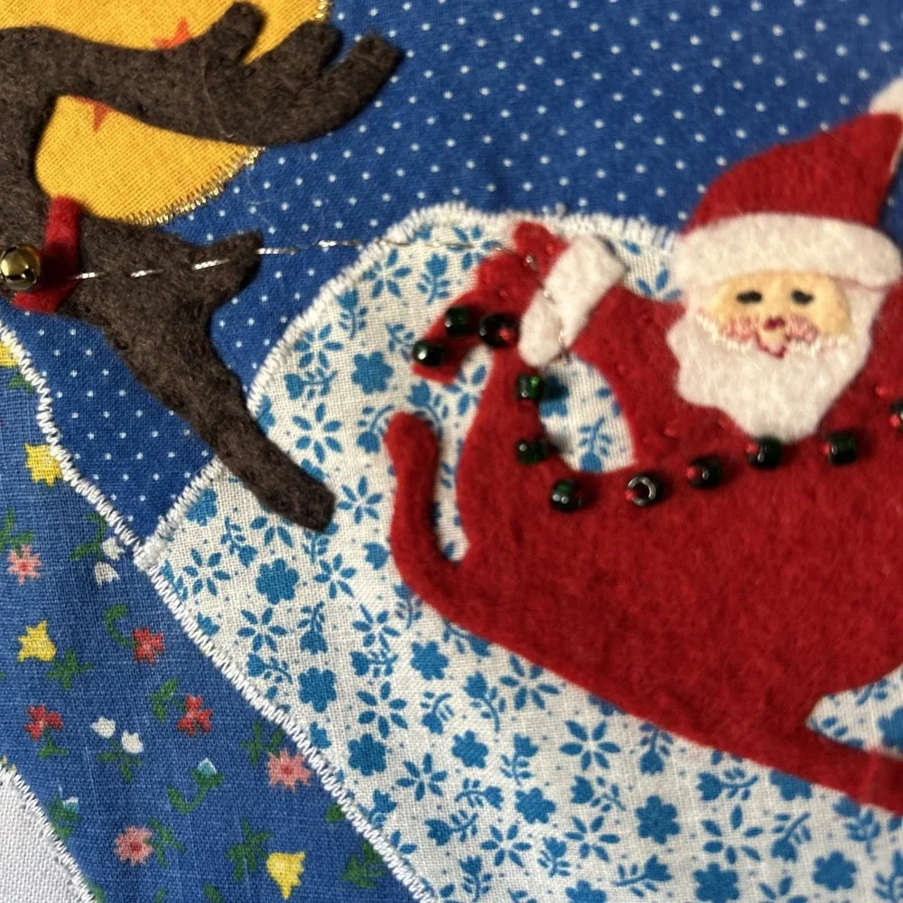 80s Handmade Quilted Merry Christmas Holiday Wall Art Wood Framed Appliqué Decor